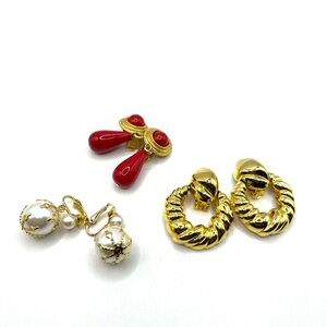 Gold Hoop Clip Earrings with Red Teardrop and Pearl Accent Gold Tone Clip on